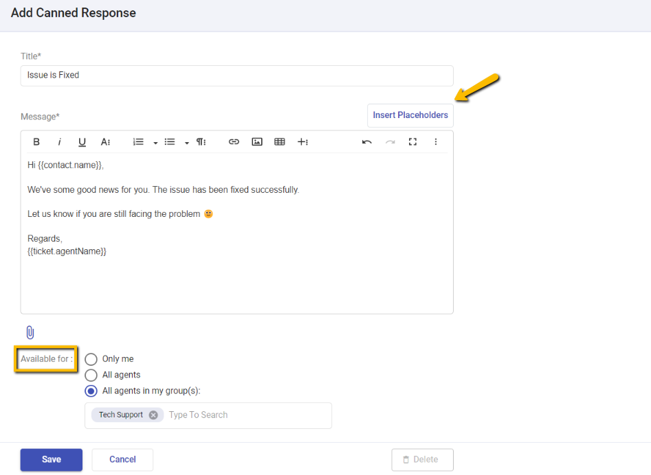 creating a new canned response available for all agents in your groups