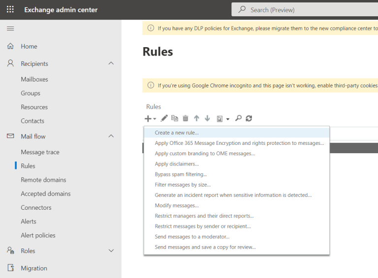 creating a rule in exchange admin center
