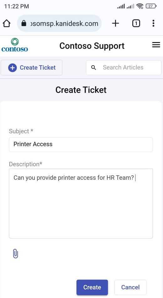 creating a ticket from support portal via mobile
