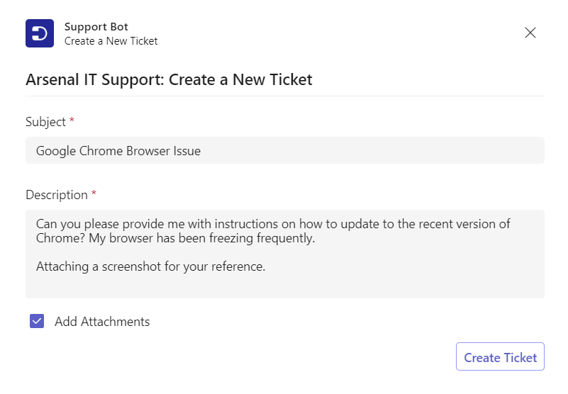 creating a ticket via support bot