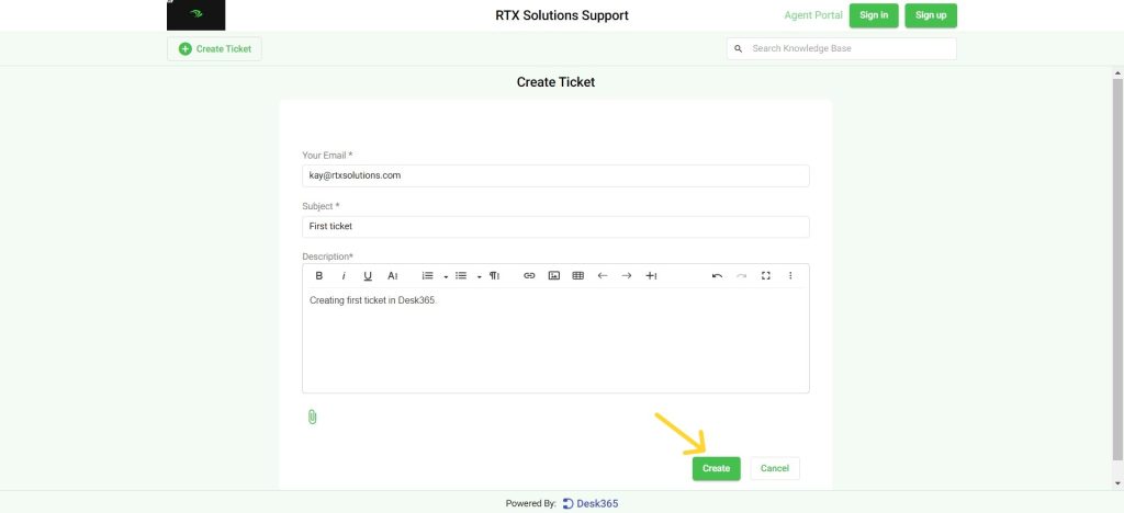 creating first ticket in Desk365