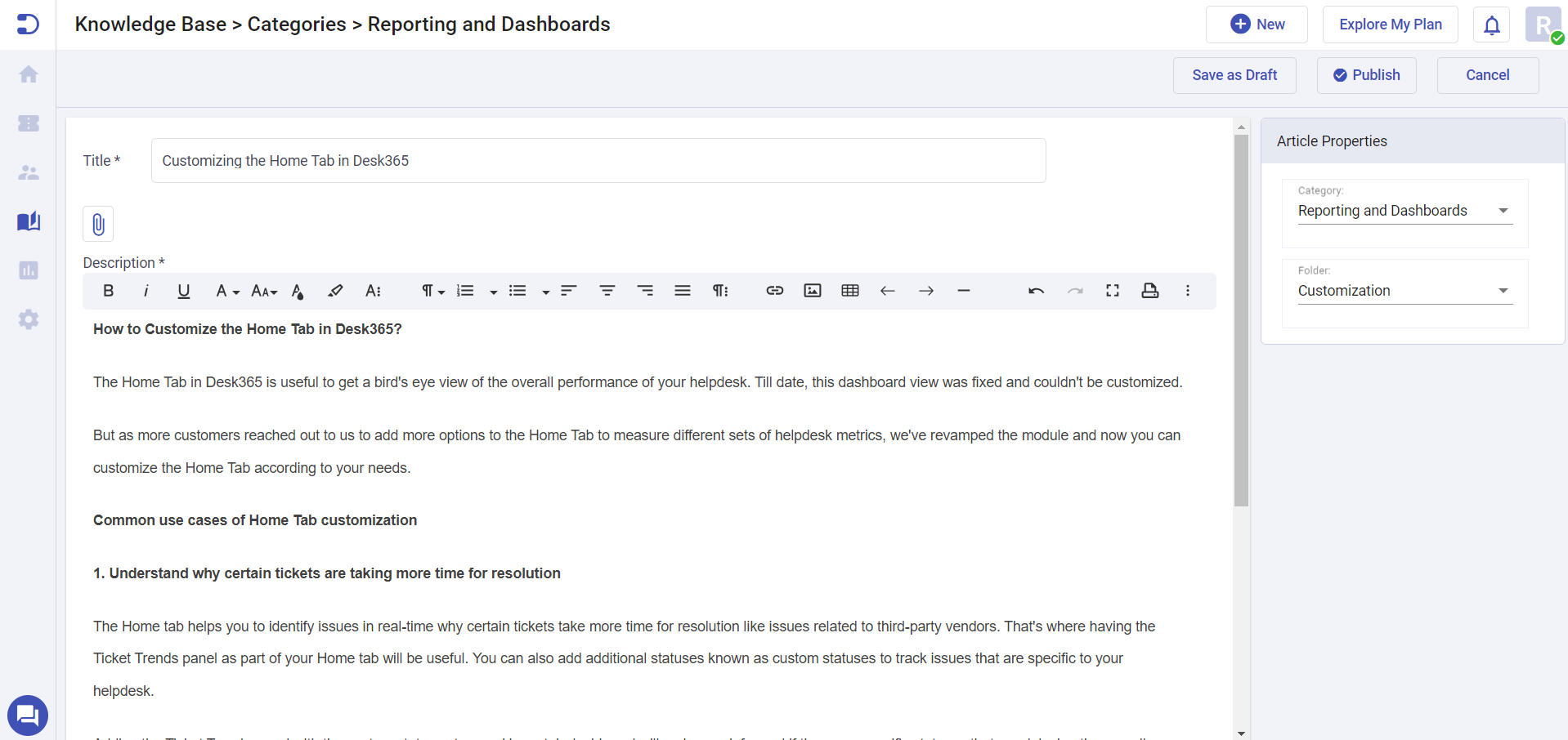 Setting up knowledge base articles in Desk365 | Desk365