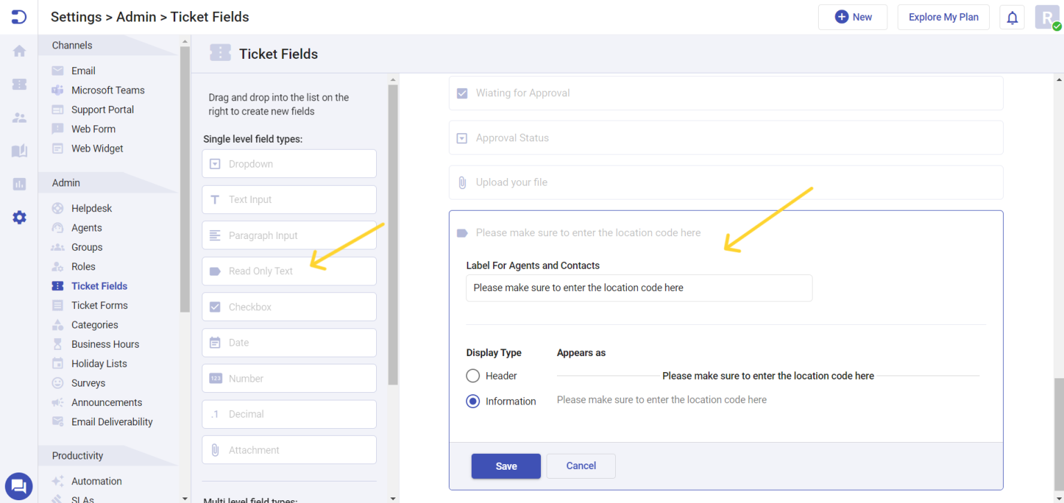 Using read only text field in desk365 desk365