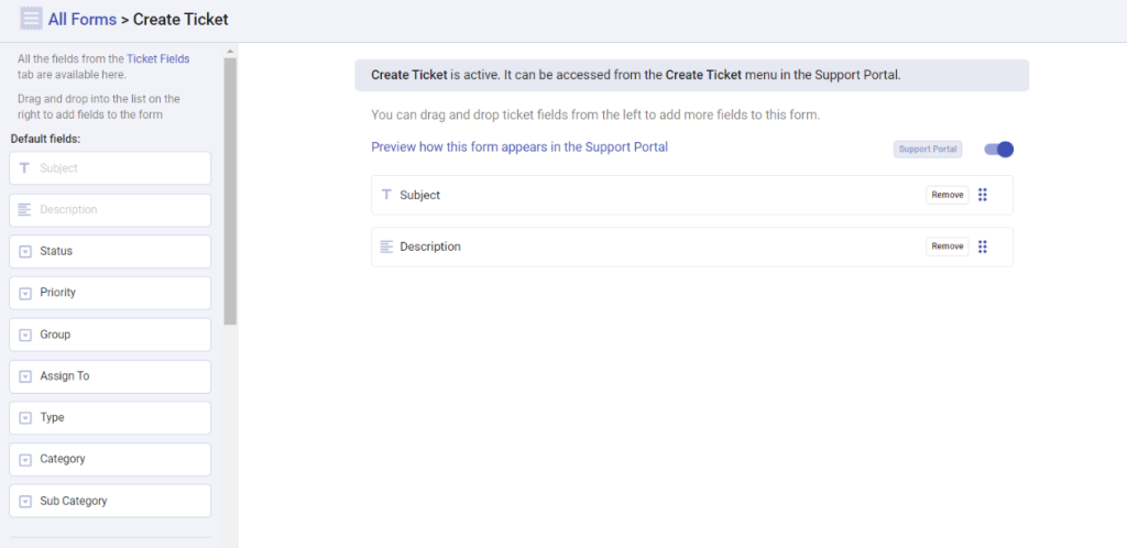 default ticket fields in the create ticket form support portal
