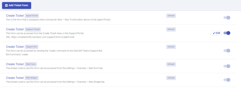default ticket forms in Desk365