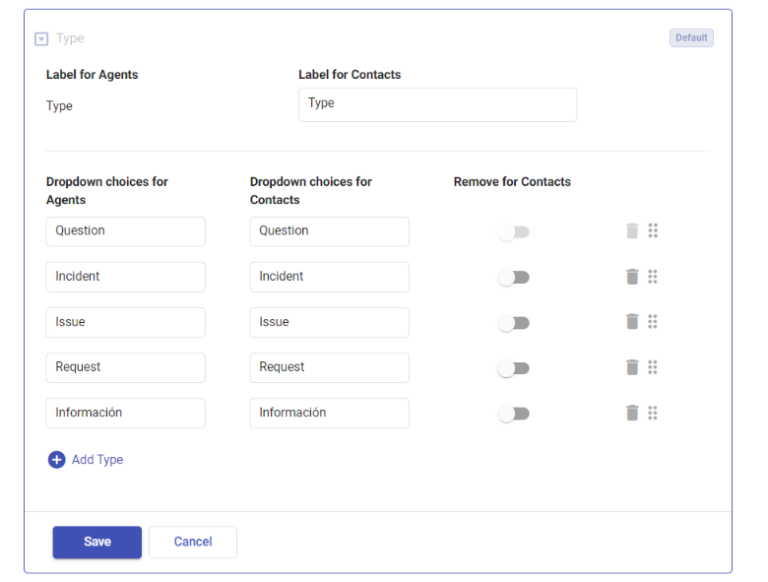 different type choices for agents and contacts