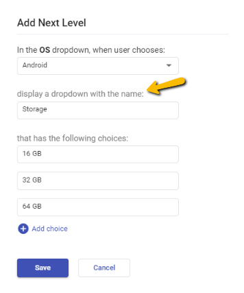 dropdown choices under storage