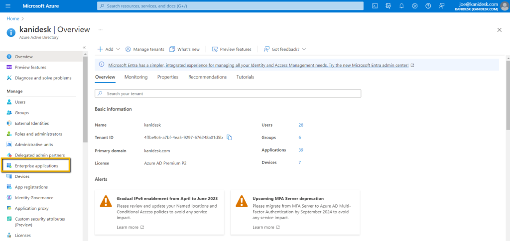 enterprise application option in Microsoft Azure