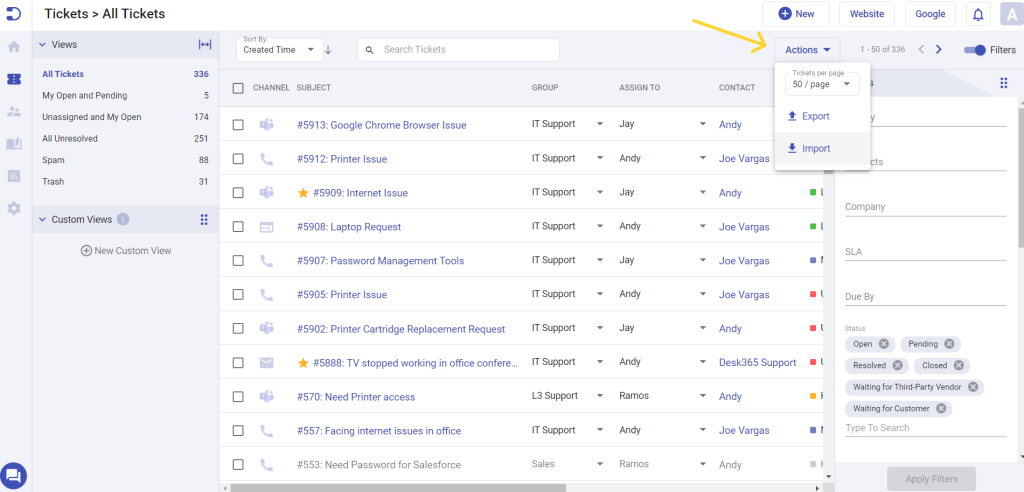 import tickets in Desk365