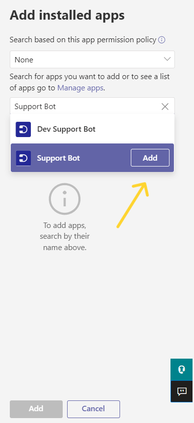 installing support bot in teams admin center