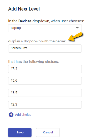 laptop screen size dropdown choices