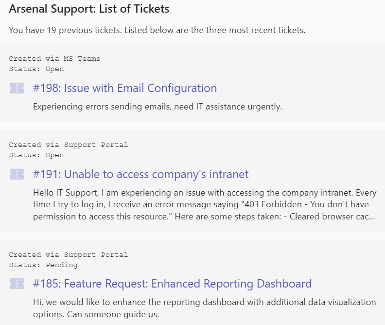 list of tickets in support bot desk365