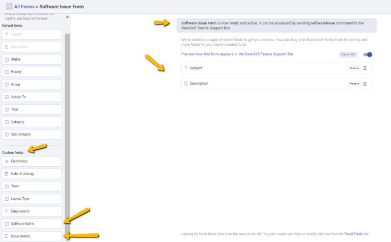 adding custom fields to the software issue form in Desk365