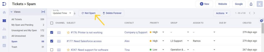 marking tickets as not spam