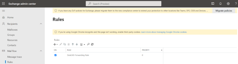 creating a new forwarding rule in Desk365