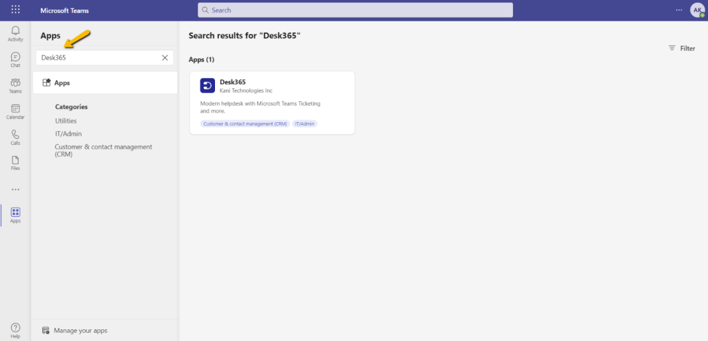 searching for Desk365 in apps section in Teams