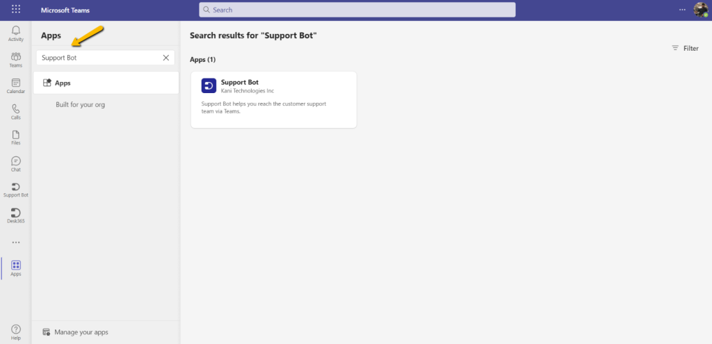 searching for support bot in teams apps section
