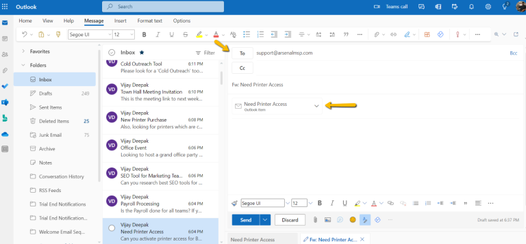sending email by using forward as attachment option