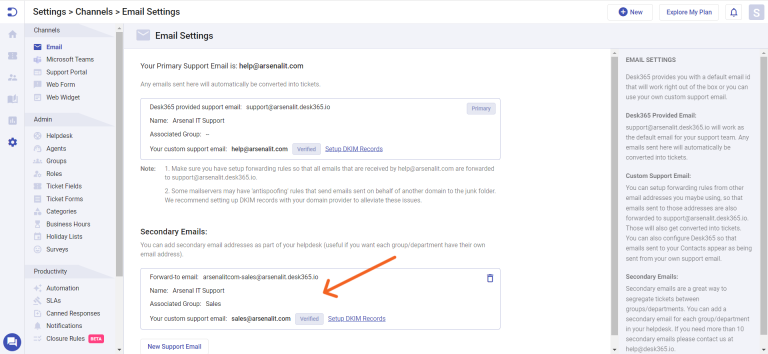 Configure custom support emails in desk365