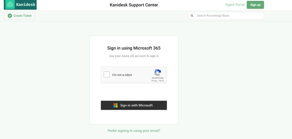 signing in to the support portal using microsoft 365 option