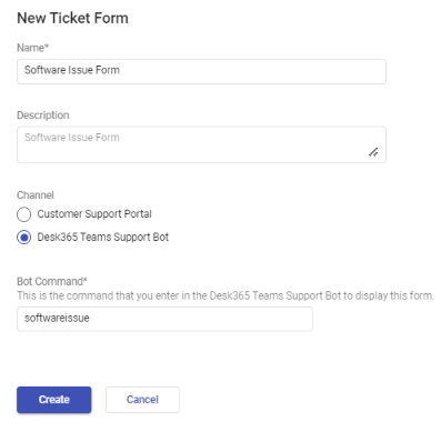 creating a custom form in Desk365 called software issue form