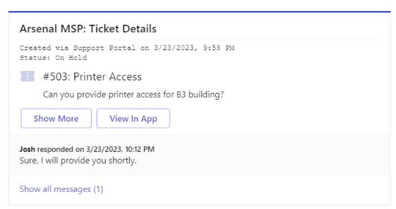 ticket details card in the support bot