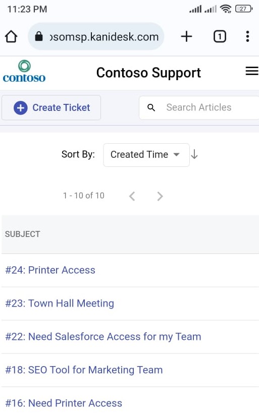tickets list in the support portal mobile version