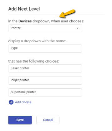 types of printers in nested dropdown