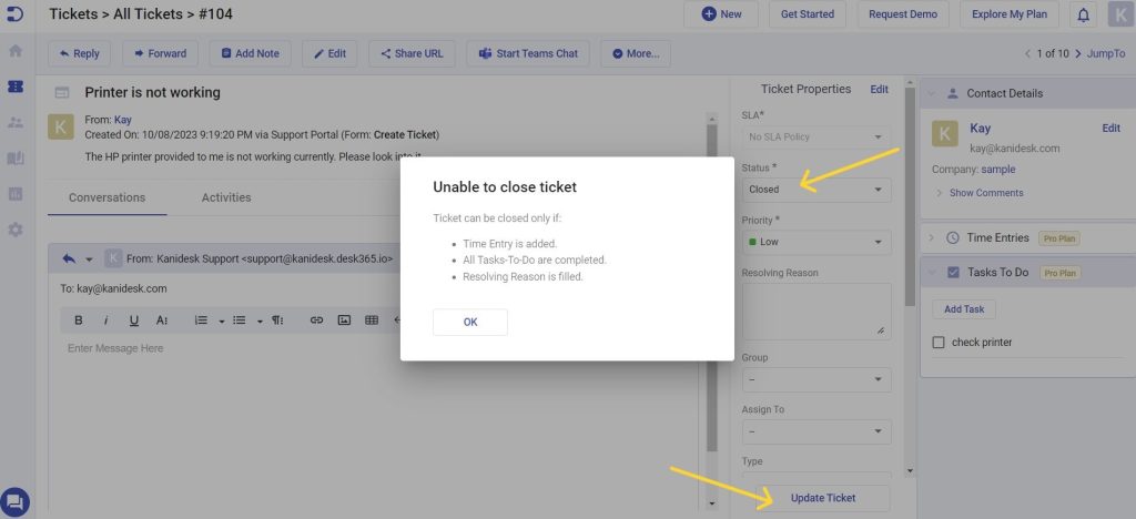 unable to close ticket in the ticket details page