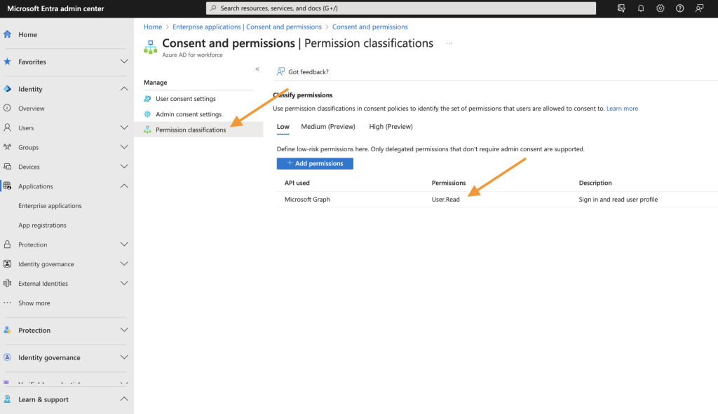 user read permission classifications in entra admin center