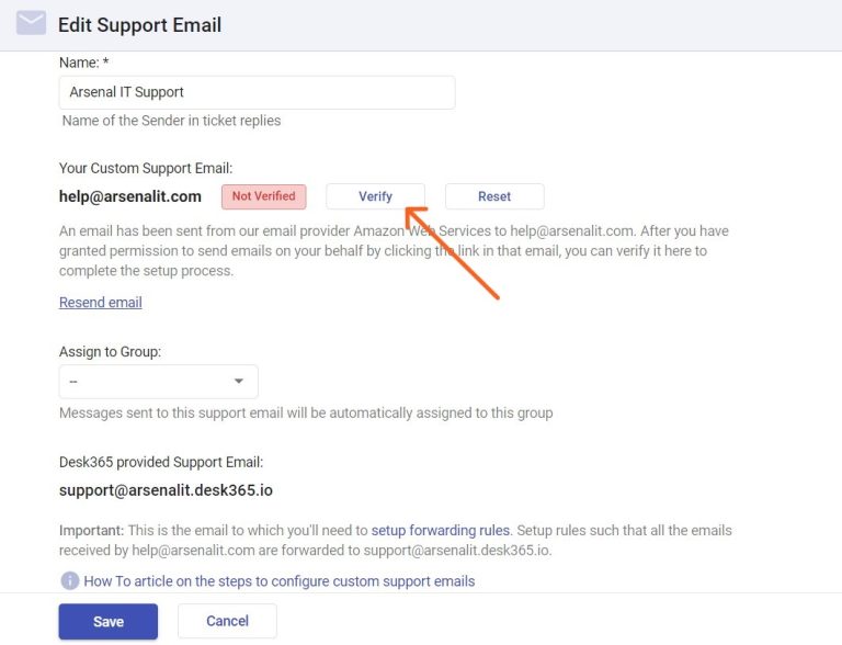 Configure custom support emails in Desk365