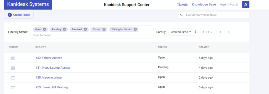 view created tickets in the support portal