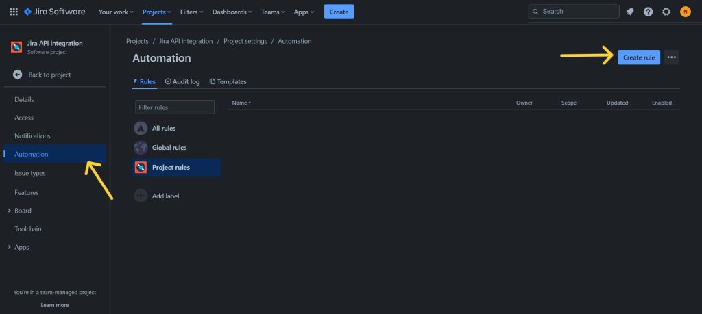 create rule in automation in Jira