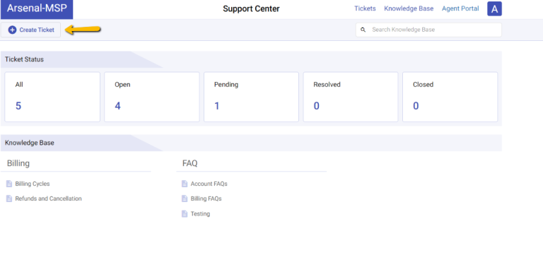 create ticket button in the support portal