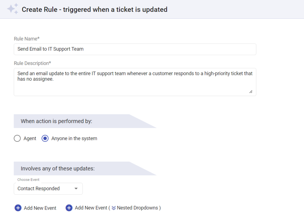 creating an automation rule during ticket updates