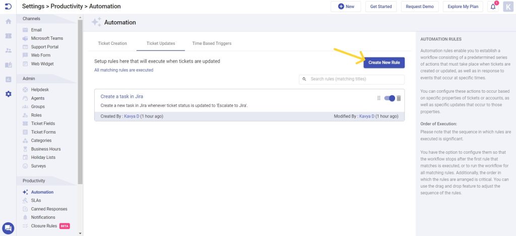 creating a new automation rule during ticket updates