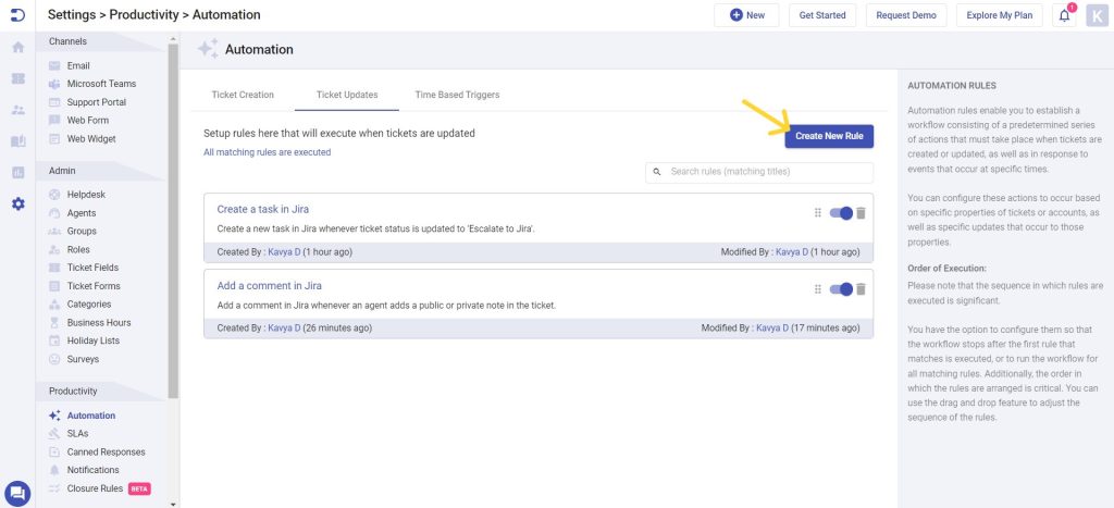 creating a new automation rule during ticket updates