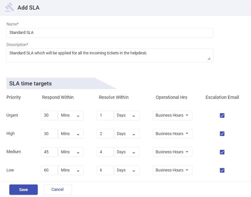 creating standard sla policy in desk365 helpdesk