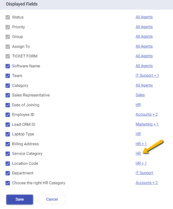 opening service category ticket field menu