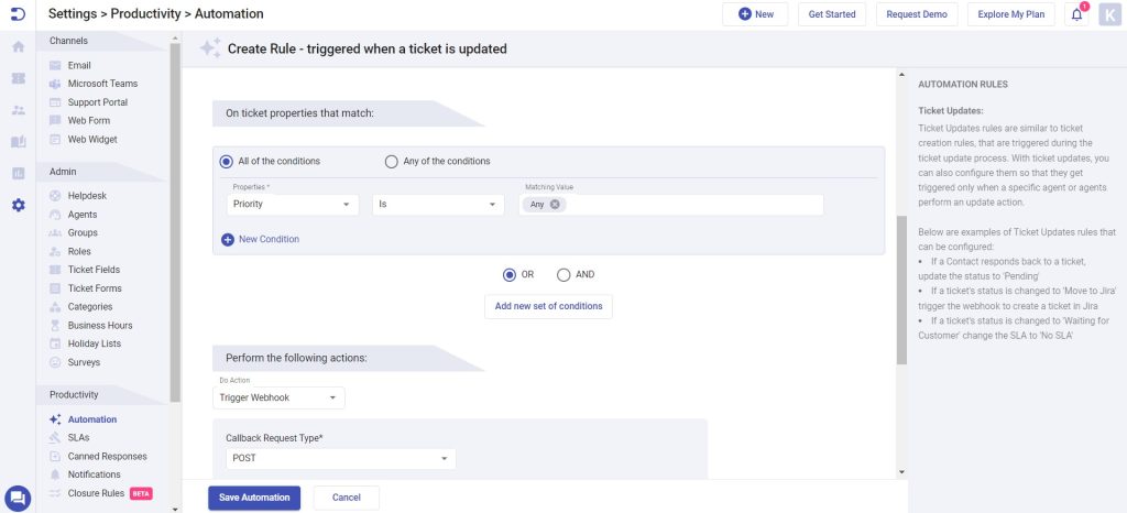 select ticket properties that match and trigger webhook