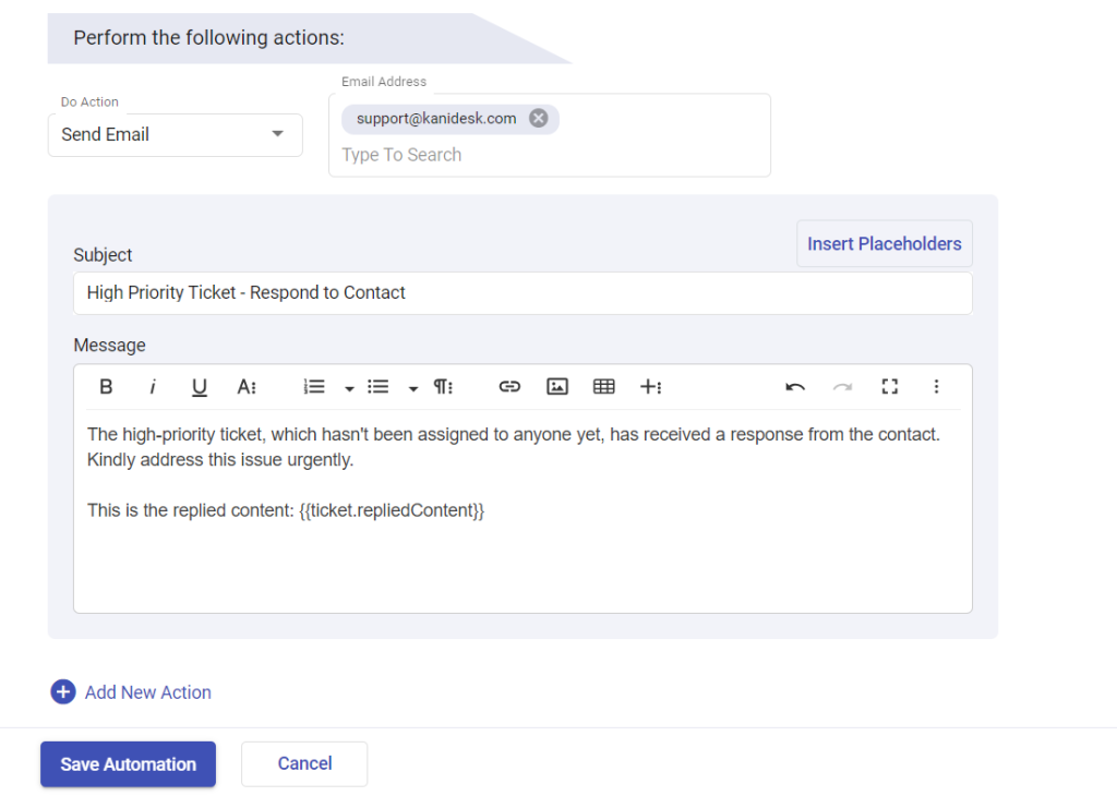 send email to it support team with replied content placeholder