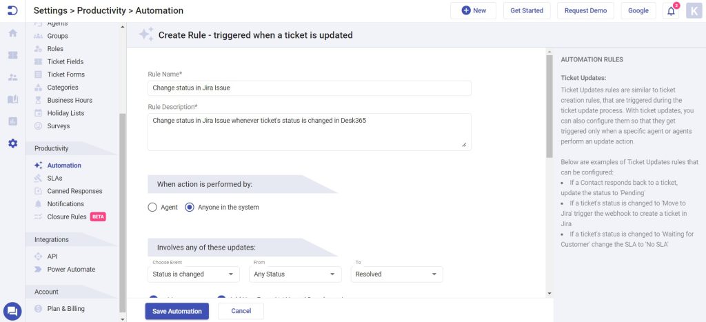 setting the rule to change status in jira issue