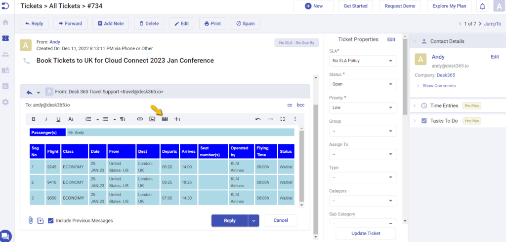 adding a table in Desk365's reply editor