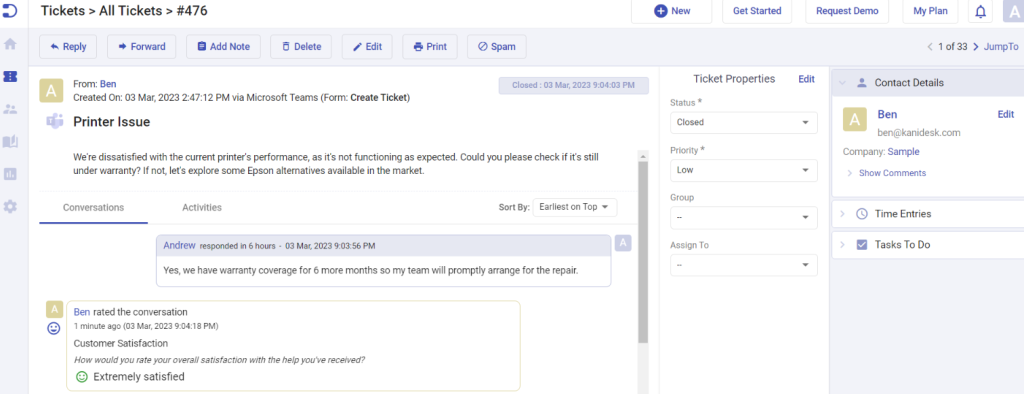 survey results for individual tickets in Desk365