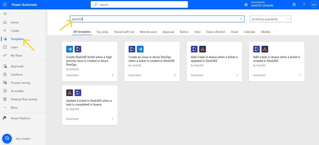 Desk365 templates in power automate
