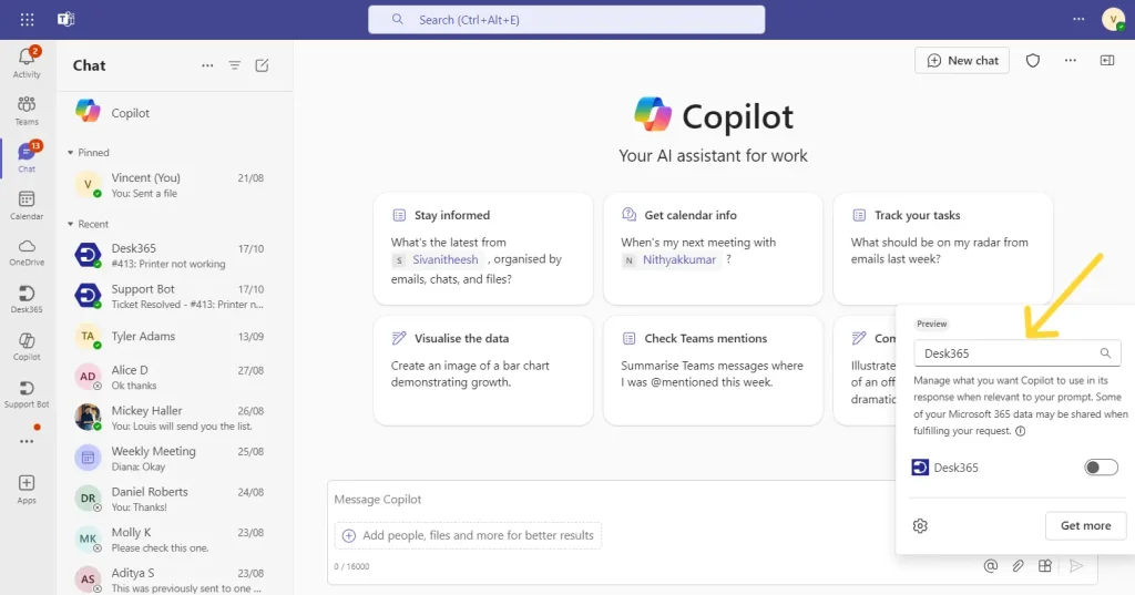 Searching for Desk365 Plugin in Microsoft 365 Copilot