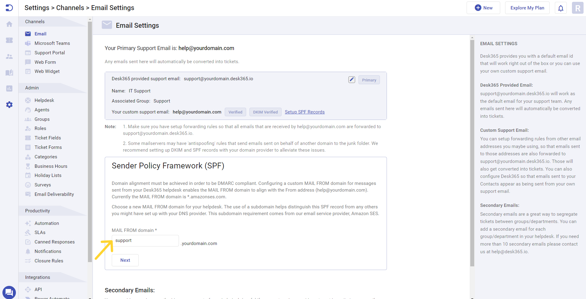 Email Domain Verification using SPF Desk365
