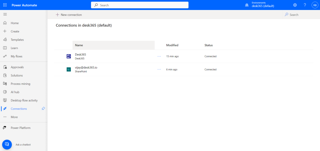 desk365-sharepoint-connections-established-power-automate