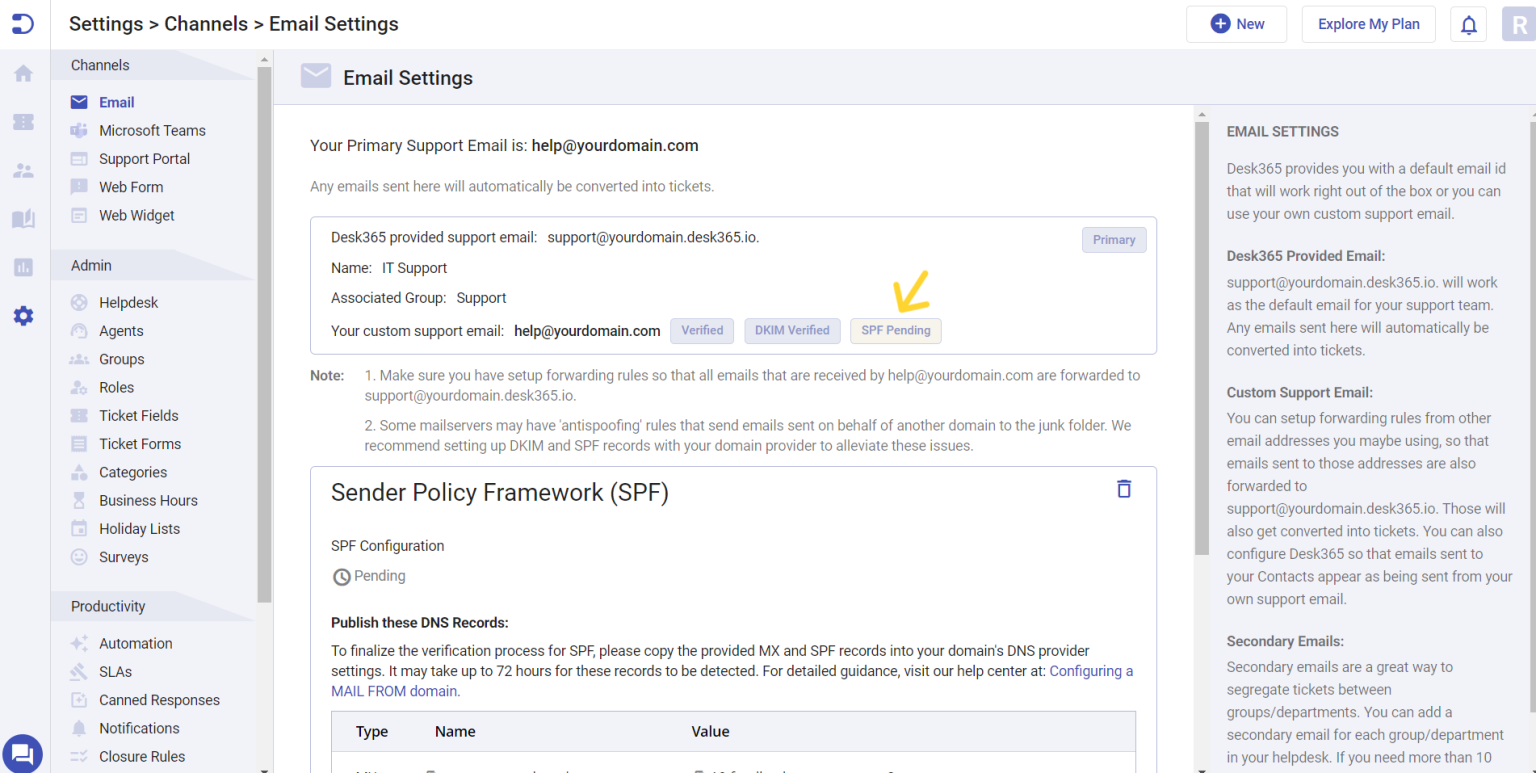 Email Domain Verification using SPF Desk365