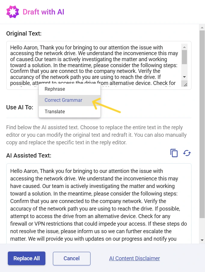 correcting-grammar-using-draft-with-ai-desk365